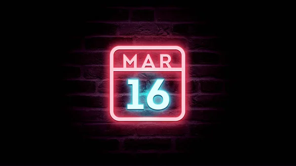 Marzo Calendario Con Luces Neón Azul Rojo Sobre Fondo Ladrillos —  Fotos de Stock