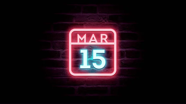 März Kalender Mit Neonblauen Und Roten Neonlichtern Auf Ziegelsteinen Hintergrund — Stockfoto