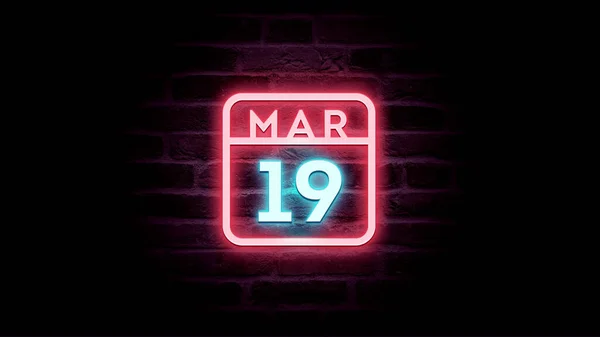 Marzo Calendario Con Luces Neón Azul Rojo Sobre Fondo Ladrillos —  Fotos de Stock