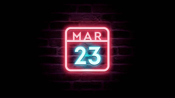 Marzo Calendario Con Luces Neón Azul Rojo Sobre Fondo Ladrillos —  Fotos de Stock