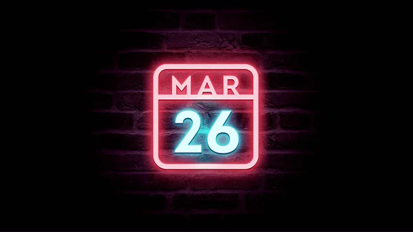 Marzo Calendario Con Luces Neón Azul Rojo Sobre Fondo Ladrillos —  Fotos de Stock