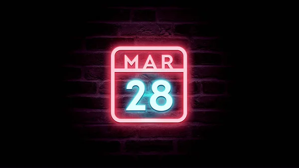 Marzo Calendario Con Luces Neón Azul Rojo Sobre Fondo Ladrillos —  Fotos de Stock