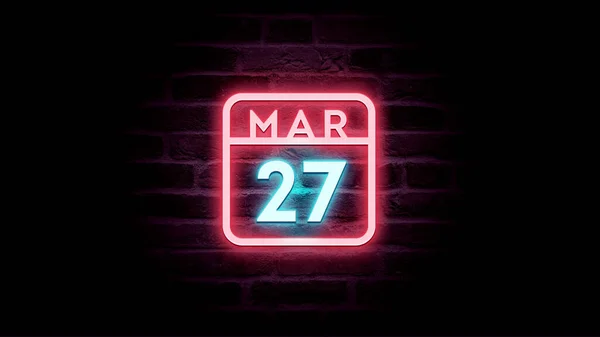 Marzo Calendario Con Luces Neón Azul Rojo Sobre Fondo Ladrillos — Foto de Stock