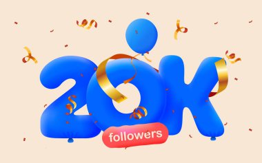 20 bin takipçisi olan pankart 3D balon ve renkli konfeti şeklinde teşekkür ediyor. Sosyal medya için vektör illüstrasyon 3D numaralar 20.000 takipçi, blogcu aboneleri kutluyor kavramı