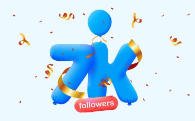 7K takipçili pankart 3D balon ve renkli konfeti şeklinde teşekkür ediyor. Sosyal medya için vektör illüstrasyon 3D numaralar 7000 takipçi, blogcu aboneleri kutluyor kavramı