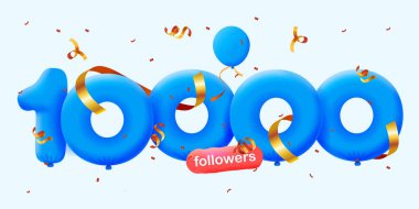 10K takipçili pankart 3D balon ve renkli konfeti şeklinde teşekkür ediyor. Sosyal medya için vektör illüstrasyon 3D numaralar. 10000 takipçi, aboneleri kutlayan blog yazarı kavramı.