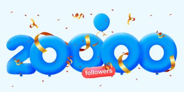 20 bin takipçisi olan pankart 3D balon ve renkli konfeti şeklinde teşekkür ediyor. Sosyal medya için vektör illüstrasyon 3D numaralar 20.000 takipçi, blogcu aboneleri kutluyor kavramı