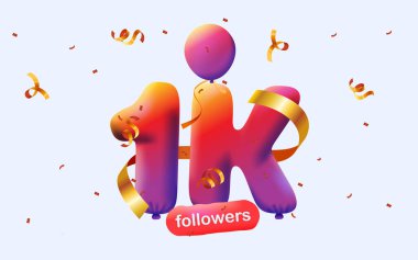 1K takipçili pankart 3D balon ve renkli konfeti şeklinde teşekkür ediyor. Sosyal medya için vektör illüstrasyon 3D numaralar 1000 takipçi, blog yazarlarının aboneliklerini kutlaması konsepti