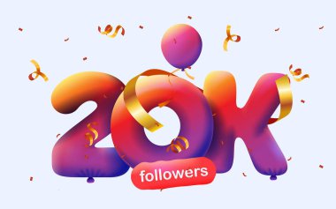 20 bin takipçisi olan pankart 3D balon ve renkli konfeti şeklinde teşekkür ediyor. Sosyal medya için vektör illüstrasyon 3D numaralar 20.000 takipçi, blogcu aboneleri kutluyor kavramı