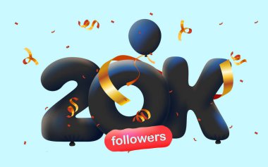 20 bin takipçisi olan pankart 3D balon ve renkli konfeti şeklinde teşekkür ediyor. Sosyal medya için vektör illüstrasyon 3D numaralar 20.000 takipçi, blogcu aboneleri kutluyor kavramı