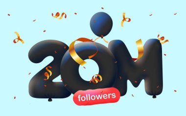 20 milyon takipçisi olan pankart 3D balon ve renkli konfeti şeklinde teşekkür ediyor. Sosyal medya için 3D vektör illüstrasyon 200.000 takipçi, aboneleri kutlayan blog yazarı kavramı