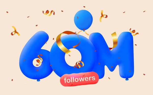 Bannière Avec 60M Followers Merci Sous Forme Ballons Confettis Colorés — Image vectorielle