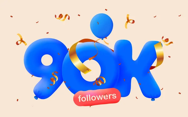 Banner 90K Následovníky Děkujeme Formě Balónů Barevných Konfet Vektorová Ilustrace — Stockový vektor