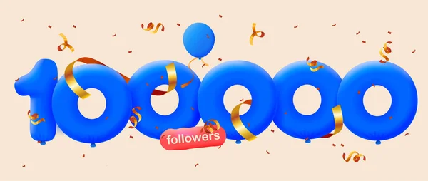 Banner Con 100K Seguidores Gracias Forma Globos Confeti Colorido Ilustración — Vector de stock