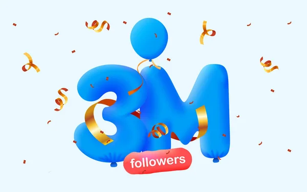 Banner Con Seguidores Gracias Forma Globos Confeti Colorido Ilustración Vectorial — Vector de stock