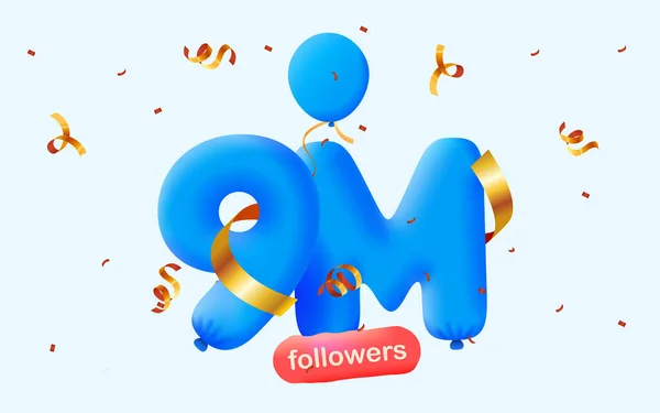 拥有9M追随者的横幅以3D气球和五颜六色的圆饼的形式感谢你 Vector Illustration Numbers Social Media 9Πfollowers Concept Blogger Celebrating — 图库矢量图片