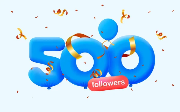 Baner 500 Zwolenników Dziękuję Postaci Balonów Kolorowe Konfetti Ilustracja Wektorowa — Wektor stockowy