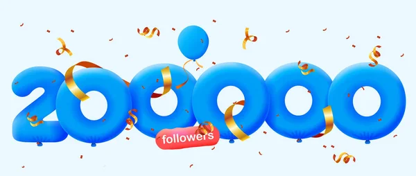 Banner 200K Následovníky Děkujeme Formě Balónů Barevných Konfet Vektorová Ilustrace — Stockový vektor