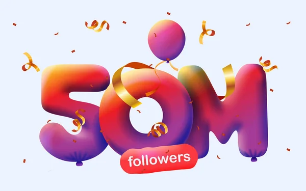 Banner Con 50M Seguidores Gracias Forma Globos Confeti Colorido Ilustración — Archivo Imágenes Vectoriales