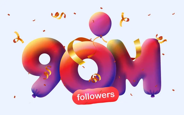 Banner Con 90M Seguidores Gracias Forma Globos Confeti Colorido Ilustración — Archivo Imágenes Vectoriales