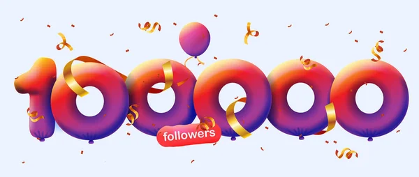 Baner 100K Zwolenników Dziękuję Postaci Balonów Kolorowe Konfetti Ilustracja Wektorowa — Wektor stockowy
