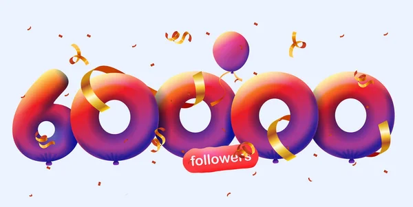 Banner 60K Followers Thank You Form Balloons Colorful Confetti Vector — Stock Vector