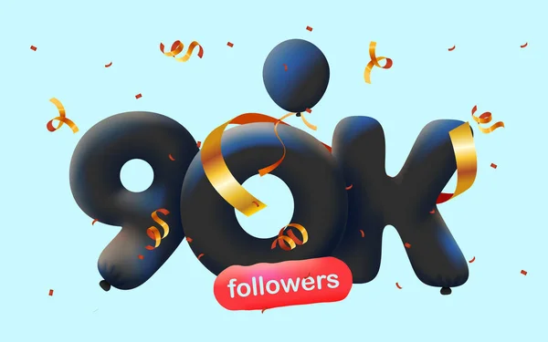 Banner 90K Následovníky Děkujeme Formě Balónů Barevných Konfet Vektorová Ilustrace — Stockový vektor