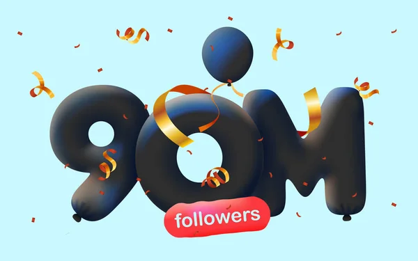 Banner 90M Následovníky Děkujeme Formě Balónů Barevných Konfet Vektorová Ilustrace — Stockový vektor