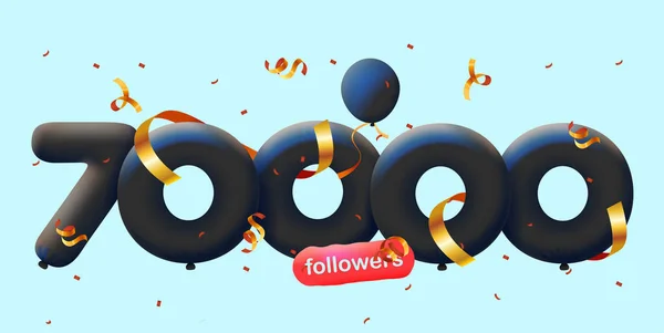 Baner 70000 Zwolenników Dziękuję Postaci Balonów Kolorowe Konfetti Ilustracja Wektorowa — Wektor stockowy