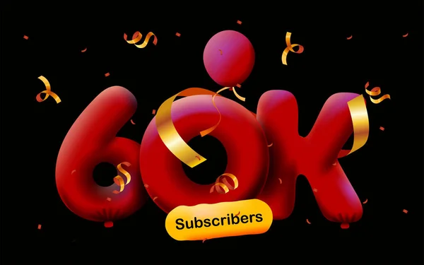 Banner Con 60K Seguidores Gracias Forma Globos Confeti Colorido Ilustración — Vector de stock