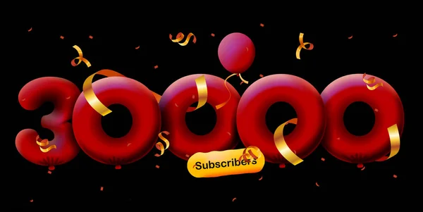 Banner 30K Následovníky Děkujeme Formě Balónů Barevných Konfet Vektorová Ilustrace — Stockový vektor