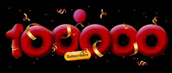 Banner 100K Následovníky Děkujeme Formě Balónů Barevných Konfet Vektorová Ilustrace — Stockový vektor