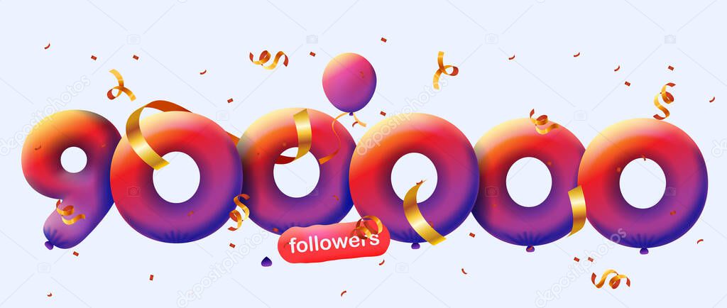 Banner with 900K followers thank you in form of 3d balloons and colorful confetti . Vector illustration 3d numbers for social media 900000 followers, concept of blogger celebrating subscribers