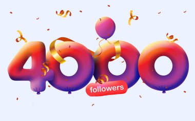 4K takipçili pankart 3D balon ve renkli konfeti şeklinde teşekkür ediyor. Sosyal medya için vektör illüstrasyon 3D numaralar 4000 takipçi, blogcu aboneleri kutluyor kavramı