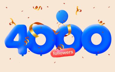 4K takipçili pankart 3D balon ve renkli konfeti şeklinde teşekkür ediyor. Sosyal medya için vektör illüstrasyon 3D numaralar 4000 takipçi, blogcu aboneleri kutluyor kavramı