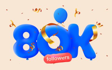 80 bin takipçisi olan pankart 3D balon ve renkli konfeti şeklinde teşekkür ediyor. Sosyal medya için 3D vektör illüstrasyon 80000 takipçi, aboneleri kutlayan blog yazarı kavramı