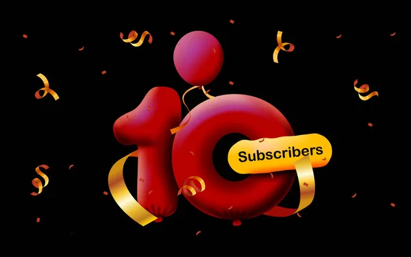 Banner with 10 followers thank you in form of 3d balloons and colorful confetti . Vector illustration 3d numbers for social media 10 followers, concept of blogger celebrating subscribers