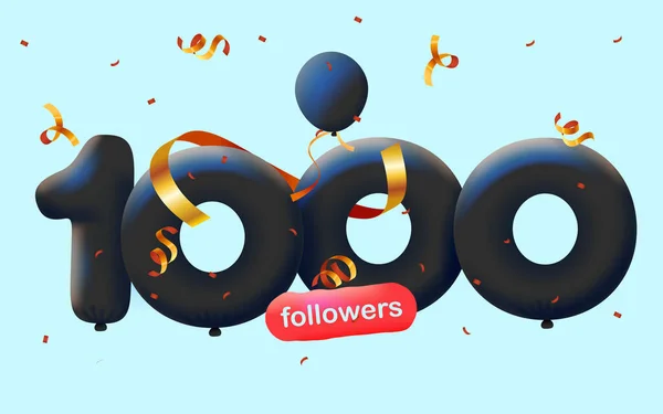 Banner with 1K followers thank you in form of 3d balloons and colorful confetti . Vector illustration 3d numbers for social media 1000 followers, concept of blogger celebrating subscribers