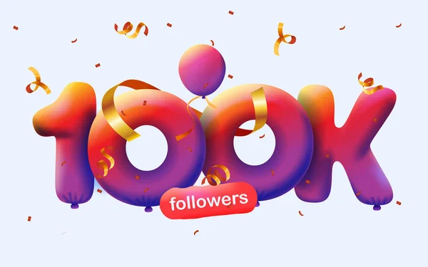 Banner Con 100K Seguidores Gracias Forma Globos Confeti Colorido Ilustración —  Fotos de Stock