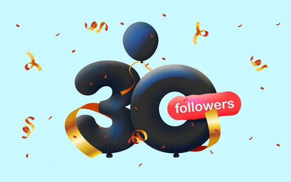 有30名追随者的横幅以3D气球和五颜六色的圆饼的形式感谢你 社交媒体30个追随者的矢量数字3D 博主庆祝订户的概念 — 图库照片