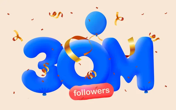 Banner Con 30M Seguidores Gracias Forma Globos Confeti Colorido Ilustración —  Fotos de Stock