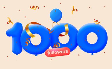 1K takipçili pankart 3D balon ve renkli konfeti şeklinde teşekkür ediyor. Sosyal medya için vektör illüstrasyon 3D numaralar 1000 takipçi, blog yazarlarının aboneliklerini kutlaması konsepti