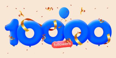 Banner with 10K followers thank you in form of 3d balloons and colorful confetti . Vector illustration 3d numbers for social media 10000 followers, concept of blogger celebrating subscribers clipart