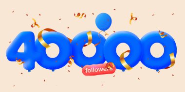 40 bin takipçisi olan pankart 3D balon ve renkli konfeti şeklinde teşekkür ediyor. Sosyal medya için vektör illüstrasyon 3D numaralar 40000 takipçi, blogcu aboneleri kutluyor kavramı
