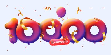 10K takipçili pankart 3D balon ve renkli konfeti şeklinde teşekkür ediyor. Sosyal medya için vektör illüstrasyon 3D numaralar. 10000 takipçi, aboneleri kutlayan blog yazarı kavramı.
