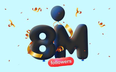8M takipçili pankart 3D balon ve renkli konfeti şeklinde teşekkür ediyor. Sosyal medya için vektör illüstrasyon 3D numaralar 8000 takipçi, aboneleri kutlayan blog yazarı kavramı