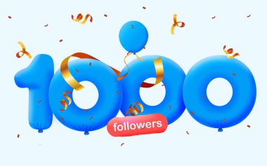 1K takipçili pankart 3D balon ve renkli konfeti şeklinde teşekkür ediyor. Sosyal medya için vektör illüstrasyon 3D numaralar 1000 takipçi, blog yazarlarının aboneliklerini kutlaması konsepti