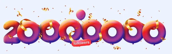 有两千万追随者的横幅以3D气球和五彩斑斓的圆饼的形式感谢你 社交媒体20000000名追随者的矢量数字 博主庆祝订户的概念 — 图库照片
