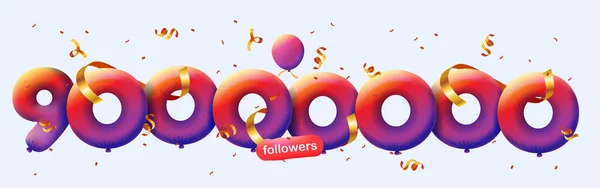 拥有9000万追随者的横幅以3D气球和五彩斑斓的圆饼的形式感谢你 Vector Illustration Numbers Social Media 90000000 Followers Concept Blogcelebrating — 图库照片
