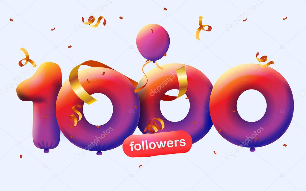 Banner with 1K followers thank you in form of 3d balloons and colorful confetti . Vector illustration 3d numbers for social media 1000 followers, concept of blogger celebrating subscribers